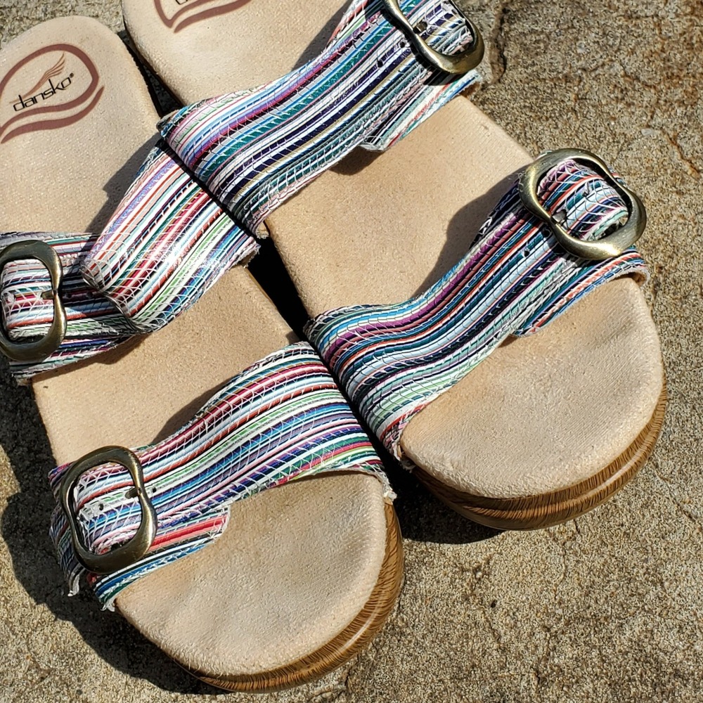 Dansko Sophie Multi Color Strappy Striped Leather Slide Sandals Wedge 37 Casual - Picture 3 of 11